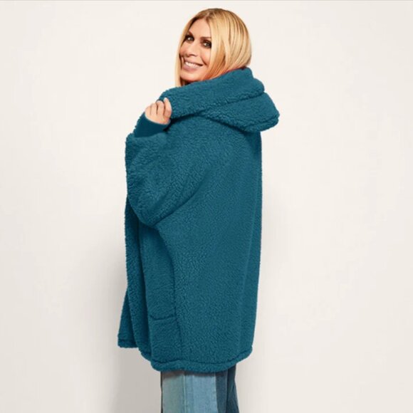 Jill Martin Unisex Sherpa Lounger Jacket Oversized, Faux Fur, Teal, XS/S NWT - Picture 2 of 9